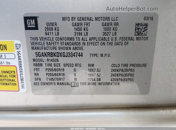 5GAKRBKDXGJ304744 2016 BUICK ENCLAVE Black Widok komory silnika