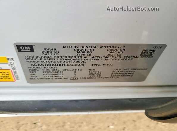 5GAKRBKDXHJ249598 2017 BUICK ENCLAVE White Vista de la etiqueta del VIN