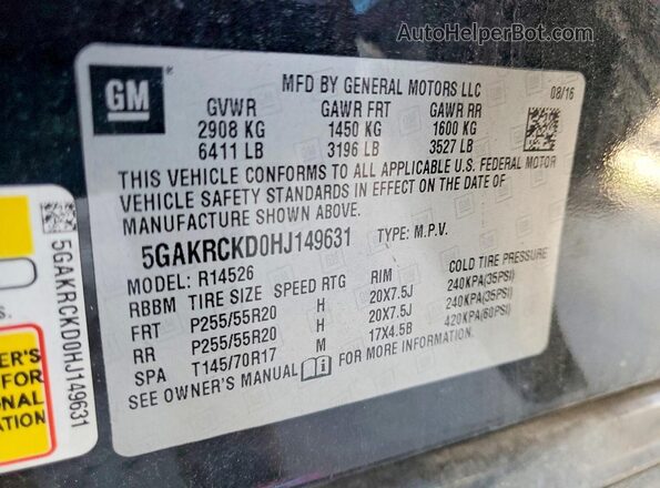 5GAKRCKD0HJ149631 2017 BUICK ENCLAVE Black VIN კოდის სტიკერის ხედი