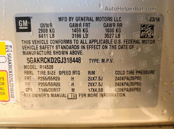 5GAKRCKD2GJ318448 2016 BUICK ENCLAVE Tan Вид наклейки з VIN-кодом