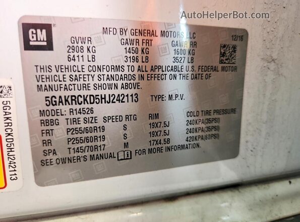5GAKRCKD5HJ242113 2017 BUICK ENCLAVE White 360 interior view
