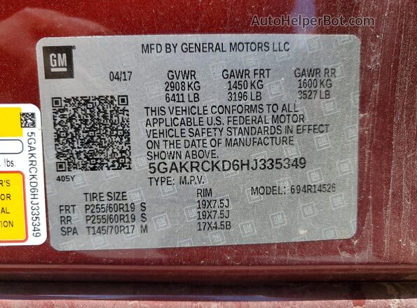 5GAKRCKD6HJ335349 2017 BUICK ENCLAVE Red Vista de la etiqueta del VIN