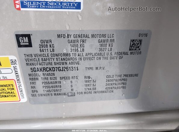 5GAKRCKD7GJ261311 2016 BUICK ENCLAVE Gold Vista del compartimento del motor