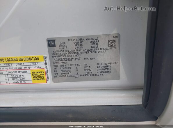5GAKRCKD9GJ111152 2016 BUICK ENCLAVE White Вид підкапотного простору
