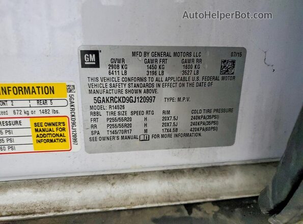 5GAKRCKD9GJ120997 2016 BUICK ENCLAVE White VIN կոդի պիտակի տեսք