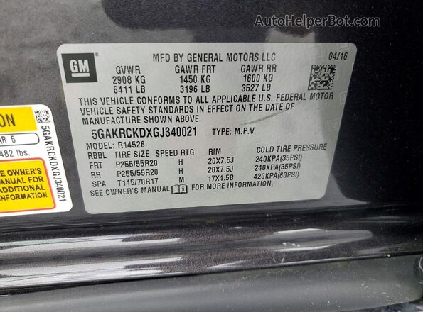 5GAKRCKDXGJ340021 2016 BUICK ENCLAVE Gray VIN sticker view