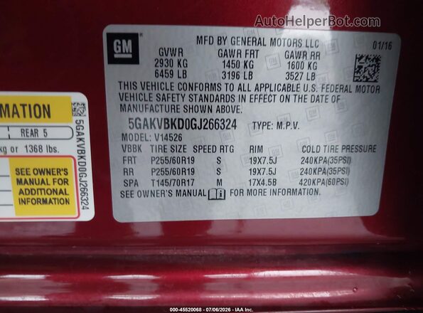 5GAKVBKD0GJ266324 2016 BUICK ENCLAVE Red ძრავის განყოფილების ხედი