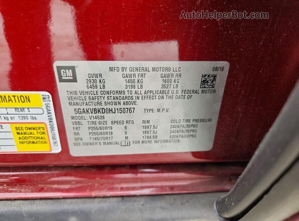 5GAKVBKD0HJ150767 2017 BUICK ENCLAVE Burgundy Вид наклейки з VIN-кодом