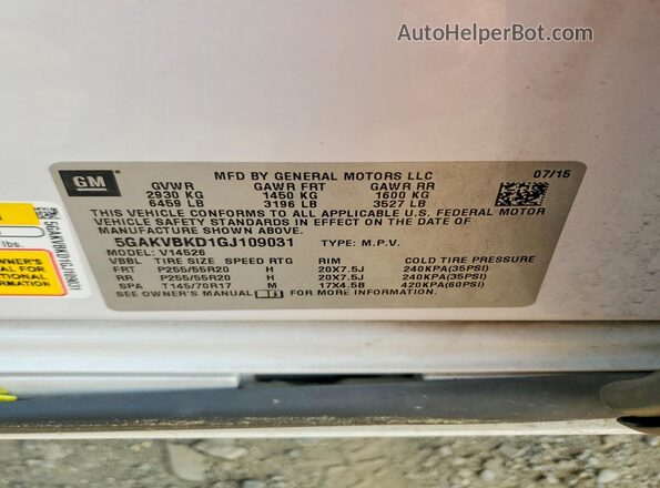 5GAKVBKD1GJ109031 2016 BUICK ENCLAVE White Вид наклейки з VIN-кодом