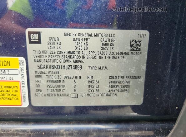 5GAKVBKD1HJ274899 2017 BUICK ENCLAVE Синий Вид наклейки с VIN-кодом