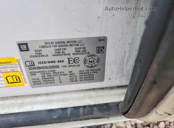 5GAKVBKD3GJ326550 2016 BUICK ENCLAVE White VIN կոդի պիտակի տեսք