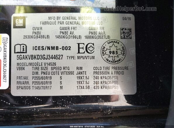 5GAKVBKD3GJ344627 2016 BUICK ENCLAVE Black ძრავის განყოფილების ხედი