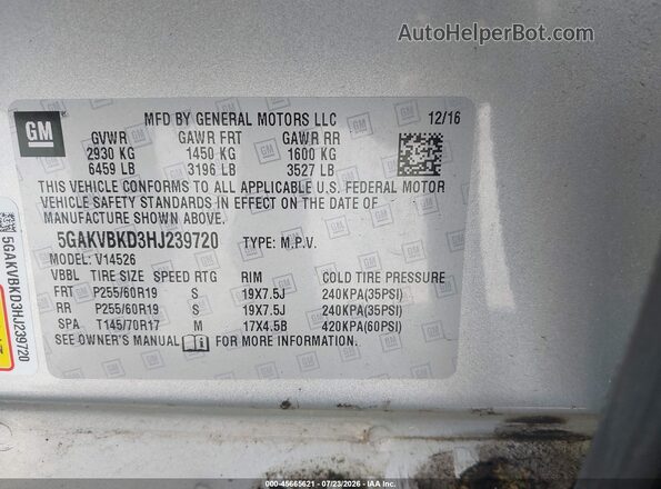 5GAKVBKD3HJ239720 2017 BUICK ENCLAVE Silver Вид підкапотного простору