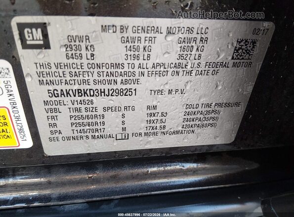 5GAKVBKD3HJ298251 2017 BUICK ENCLAVE Black Widok komory silnika