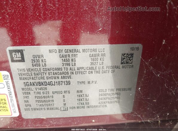 5GAKVBKD4GJ187139 2016 BUICK ENCLAVE Maroon Вид підкапотного простору