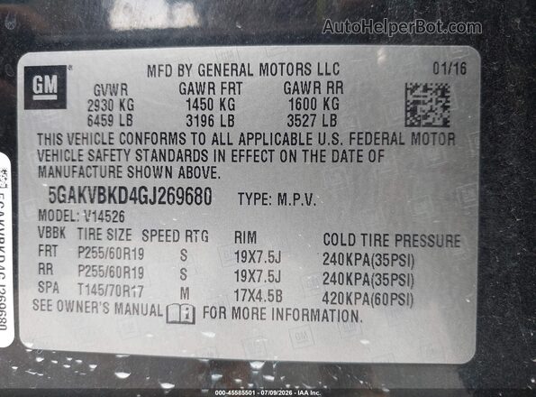5GAKVBKD4GJ269680 2016 BUICK ENCLAVE Черный Вид подкапотного пространства