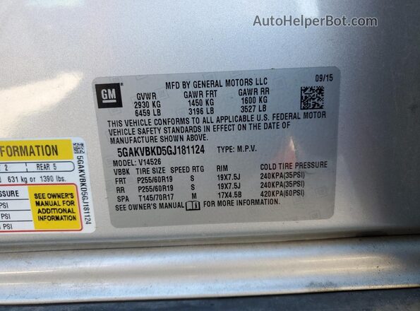 5GAKVBKD5GJ181124 2016 BUICK ENCLAVE Silver Vista de la etiqueta del VIN