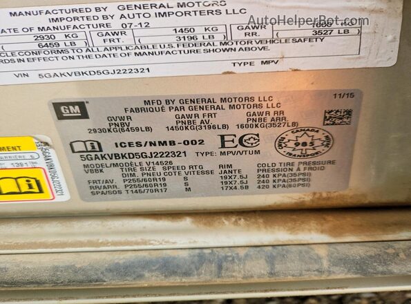 5GAKVBKD5GJ222321 2016 BUICK ENCLAVE Tan Вид наклейки з VIN-кодом
