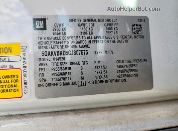 5GAKVBKD5GJ307675 2016 BUICK ENCLAVE White VIN კოდის სტიკერის ხედი