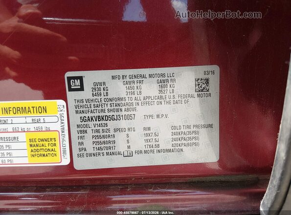 5GAKVBKD5GJ310057 2016 BUICK ENCLAVE Red ძრავის განყოფილების ხედი