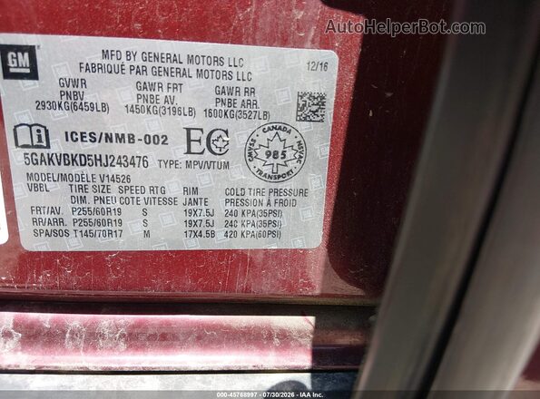 5GAKVBKD5HJ243476 2017 BUICK ENCLAVE Burgundy Engine compartment view