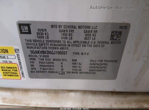 5GAKVBKD6GJ196697 2016 BUICK ENCLAVE White Vista del compartimento del motor
