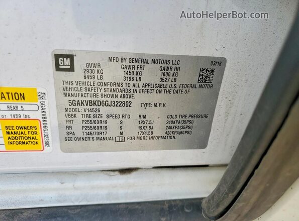 5GAKVBKD6GJ322802 2016 BUICK ENCLAVE Белый Вид наклейки с VIN-кодом