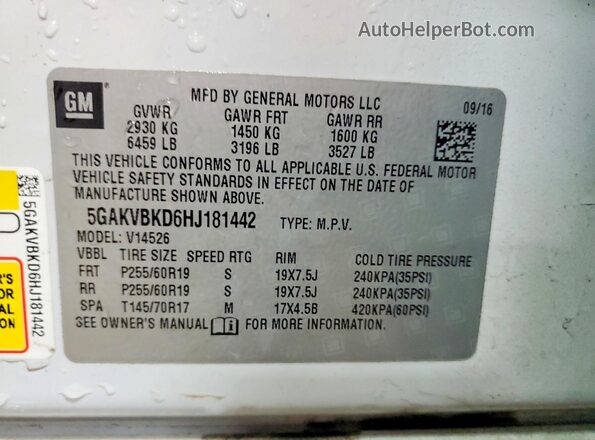 5GAKVBKD6HJ181442 2017 BUICK ENCLAVE White VIN կոդի պիտակի տեսք
