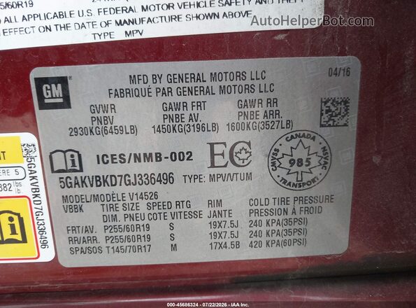 5GAKVBKD7GJ336496 2016 BUICK ENCLAVE Maroon Вид підкапотного простору