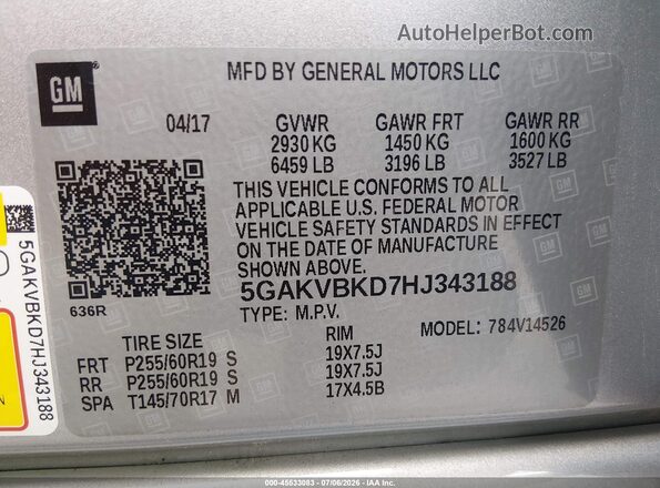 5GAKVBKD7HJ343188 2017 BUICK ENCLAVE Silver Вид підкапотного простору