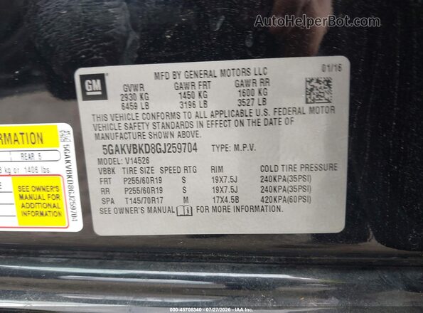 5GAKVBKD8GJ259704 2016 BUICK ENCLAVE Black Vista del compartimento del motor