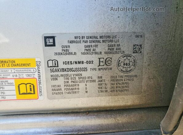 5GAKVBKD8GJ333025 2016 BUICK ENCLAVE Серебряный Вид наклейки с VIN-кодом