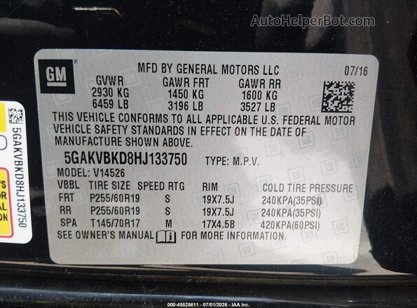 5GAKVBKD8HJ133750 2017 BUICK ENCLAVE Black Engine compartment view