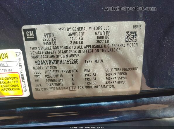 5GAKVBKD8HJ152265 2017 BUICK ENCLAVE Dark Blue Շարժիչի բաժամունքի տեսք