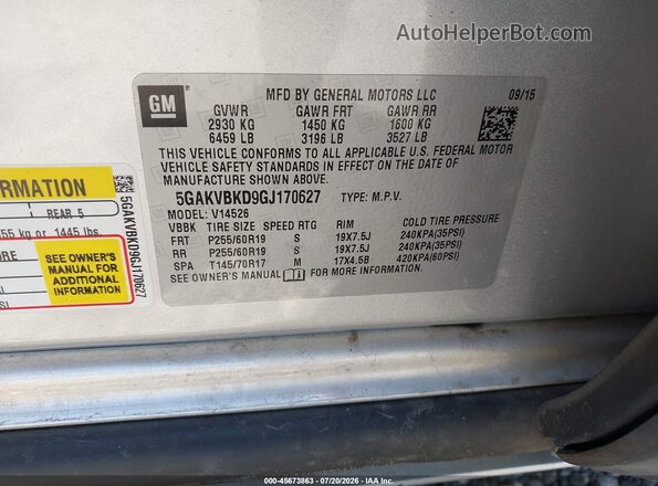5GAKVBKD9GJ170627 2016 BUICK ENCLAVE Silver Vista del compartimento del motor