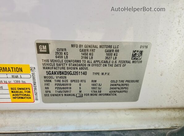 5GAKVBKD9GJ261140 2016 BUICK ENCLAVE White VIN կոդի պիտակի տեսք