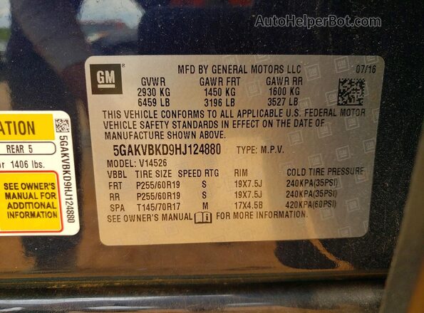 5GAKVBKD9HJ124880 2017 BUICK ENCLAVE Blue VIN sticker view