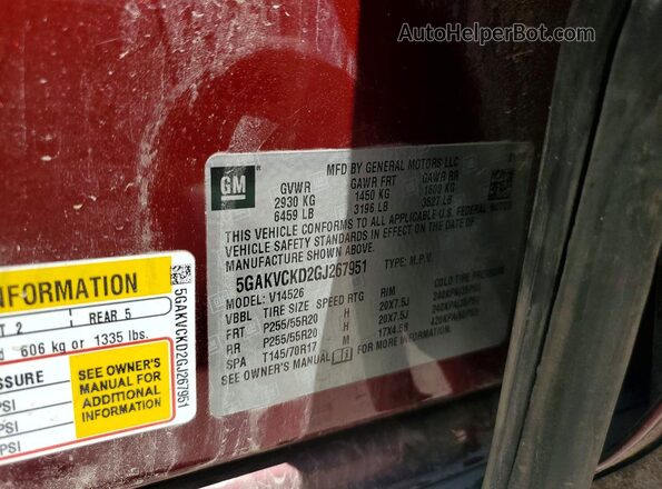 5GAKVCKD2GJ267951 2016 BUICK ENCLAVE Burgundy Widok naklejki z numerem VIN