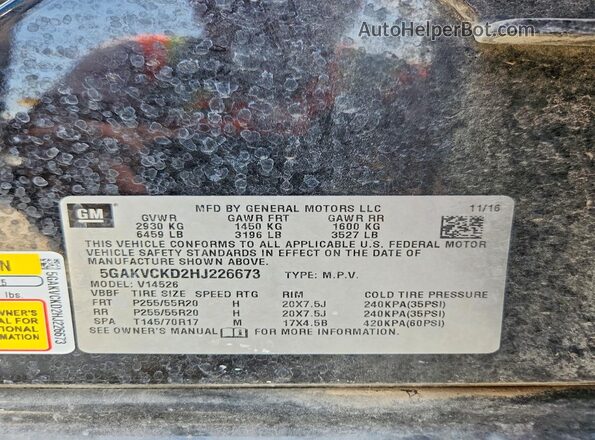 5GAKVCKD2HJ226673 2017 BUICK ENCLAVE Black VIN sticker view