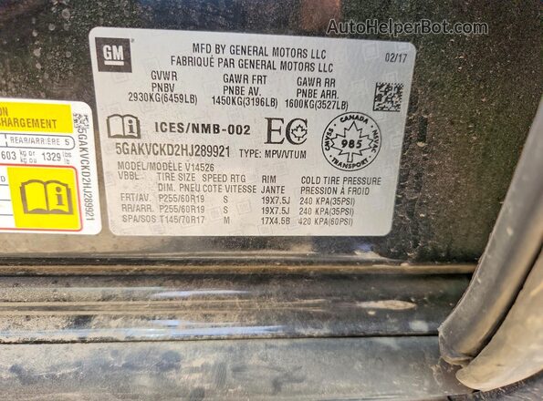 5GAKVCKD2HJ289921 2017 BUICK ENCLAVE Черный Панорамный вид салона 360°