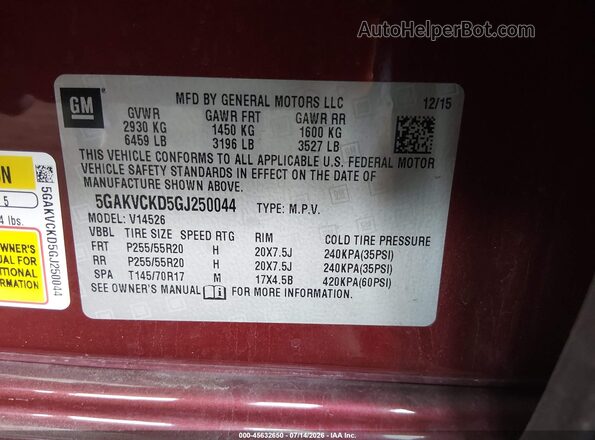 5GAKVCKD5GJ250044 2016 BUICK ENCLAVE Red Вид підкапотного простору
