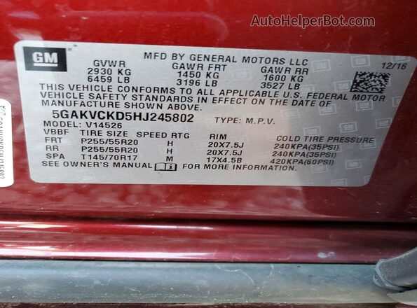 5GAKVCKD5HJ245802 2017 BUICK ENCLAVE Maroon Սալոնի 360 աստիճան տեսք