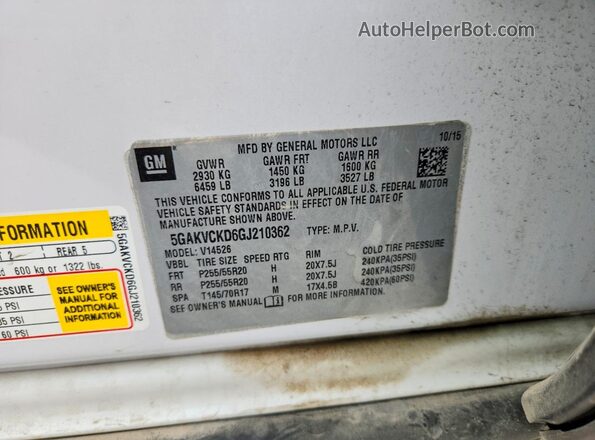5GAKVCKD6GJ210362 2016 BUICK ENCLAVE Белый Вид наклейки с VIN-кодом