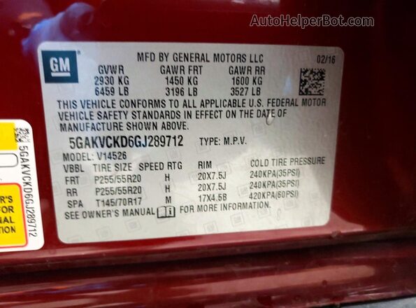 5GAKVCKD6GJ289712 2016 BUICK ENCLAVE Burgundy Вид наклейки з VIN-кодом