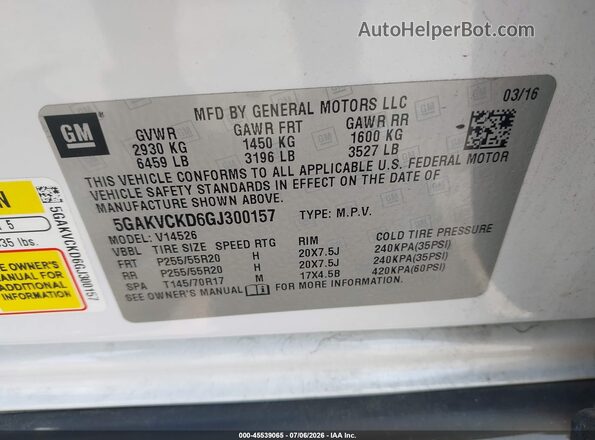 5GAKVCKD6GJ300157 2016 BUICK ENCLAVE White Вид підкапотного простору