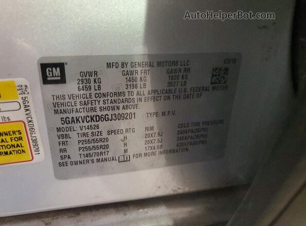 5GAKVCKD6GJ309201 2016 BUICK ENCLAVE Silver Vista de la etiqueta del VIN