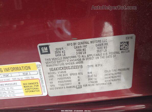 5GAKVCKD6GJ322319 2016 BUICK ENCLAVE Red Вид підкапотного простору