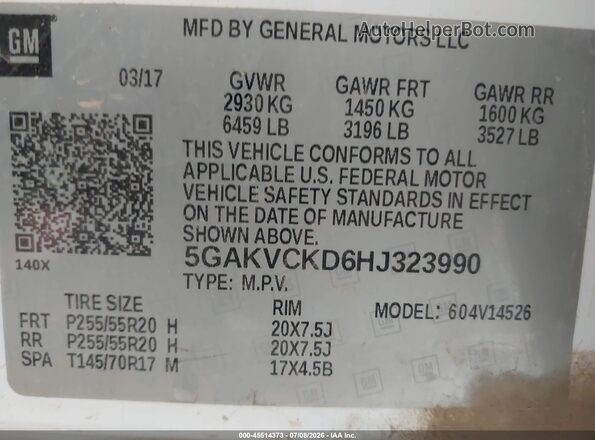 5GAKVCKD6HJ323990 2017 BUICK ENCLAVE White Vista del compartimento del motor