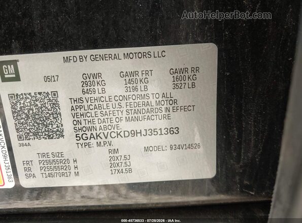 5GAKVCKD9HJ351363 2017 BUICK ENCLAVE Black Vista del compartimento del motor