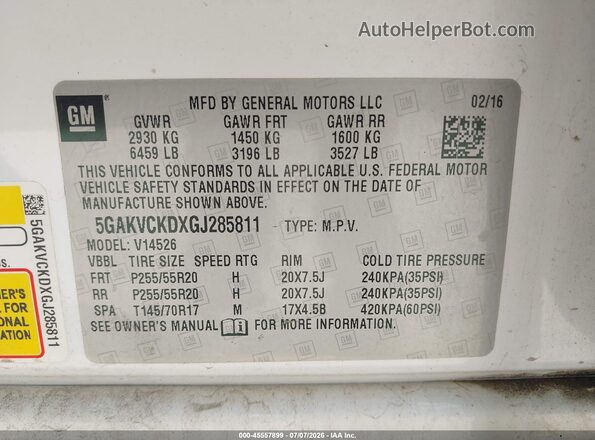 5GAKVCKDXGJ285811 2016 BUICK ENCLAVE Белый Вид подкапотного пространства